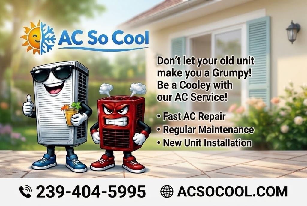 AC So Cool — Don't let your old unit make you a Grumpy! Fast AC Repair, Regular Maintenance, New Unit Installation. Call 239-404-5995