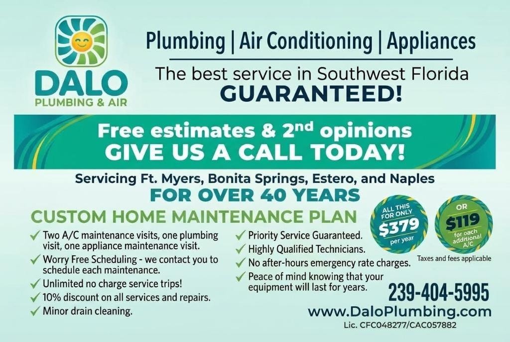 DALO Plumbing & Air — Plumbing, Air Conditioning & Appliances. Free estimates & 2nd opinions. Custom Home Maintenance Plan from $379/year. Call 239-404-5995
