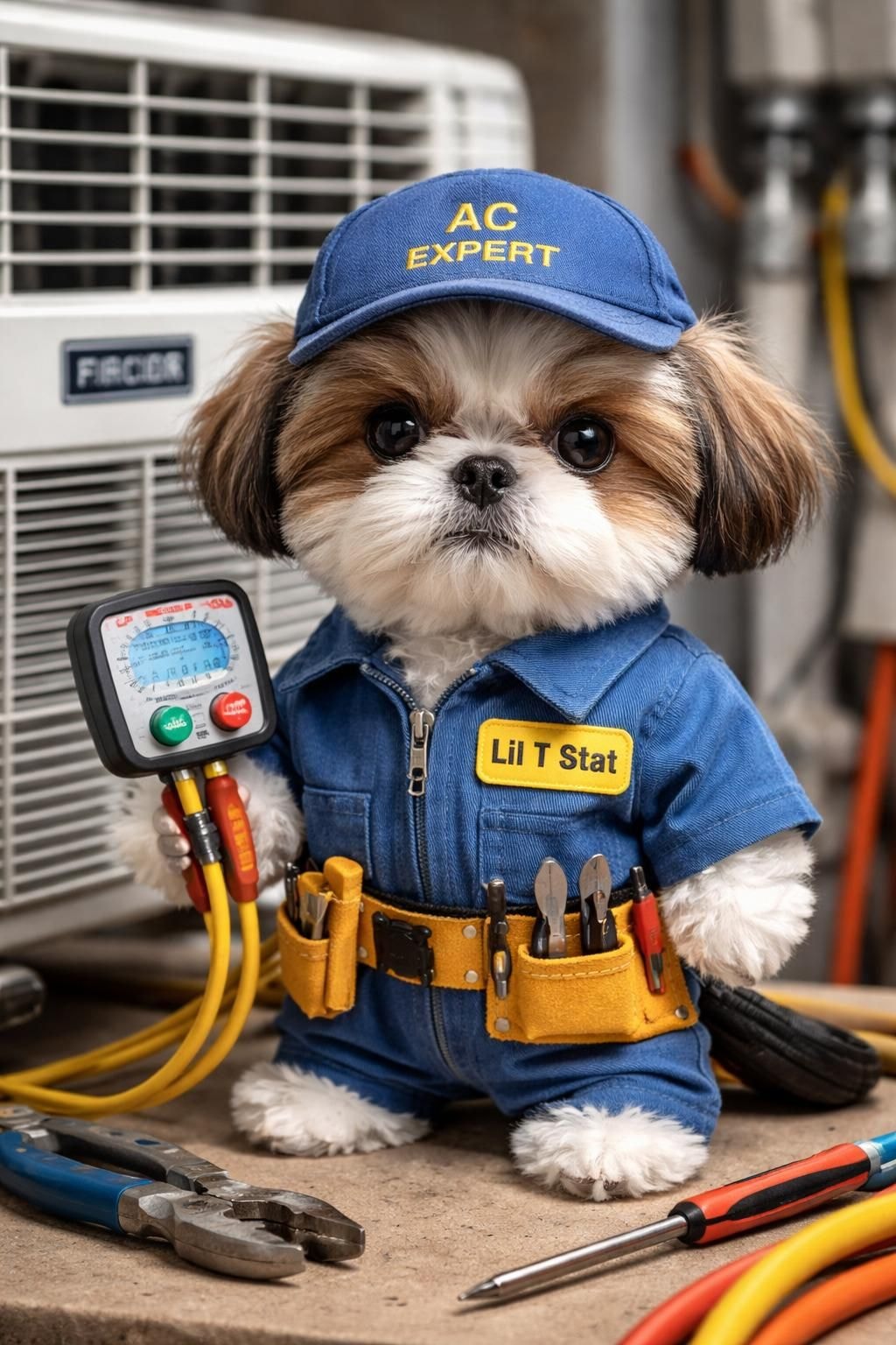 Lil T Stat — AC So Cool's mascot dog dressed as an Air Conditioning expert technician